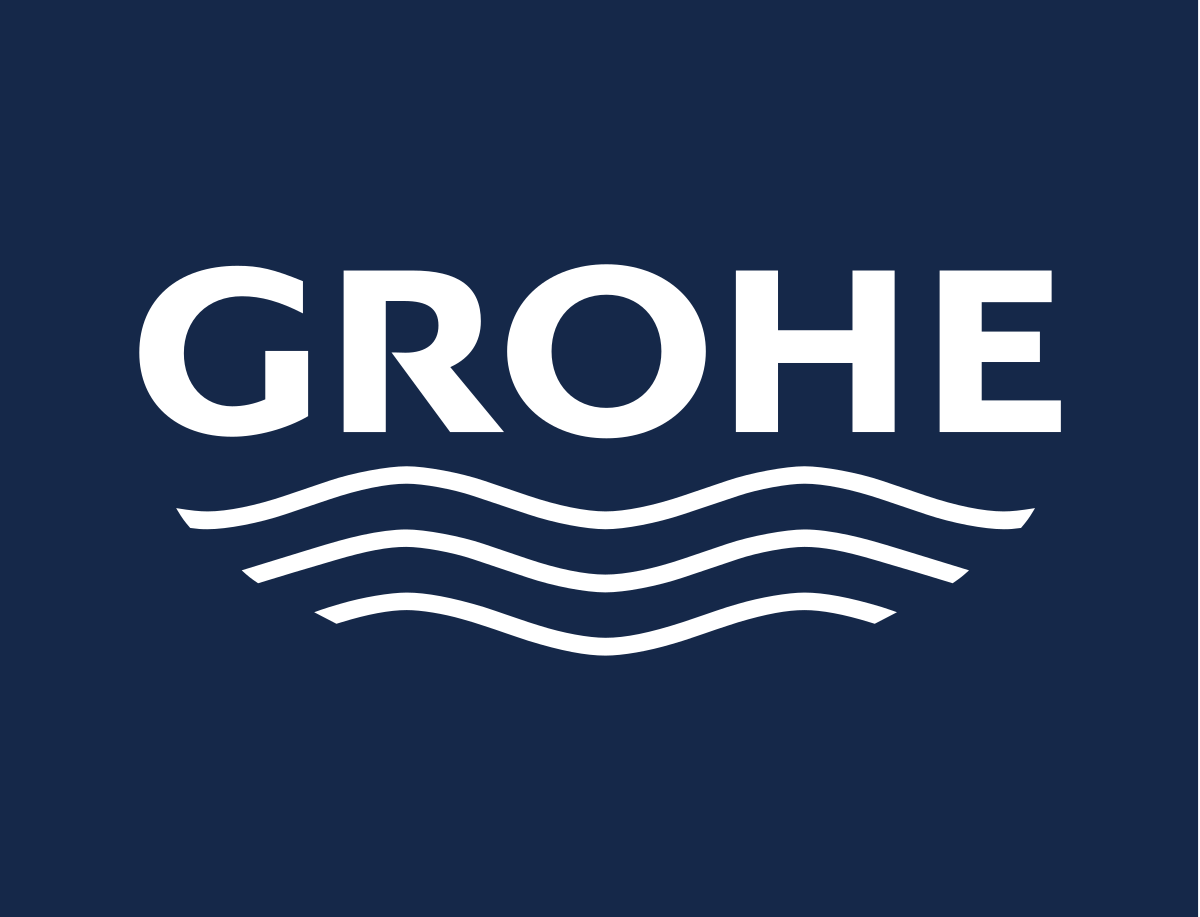 Logo de la marque GROHE avec trois vagues sous le texte indiquant l'eau.